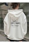 The Stage California Sweatshirt Sırt Baskılı - Beyaz Baskılı Oversize Kapüşonlu