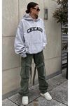Chicago Sweatshirt - Gri Baskılı Oversize Kapüşonlu