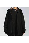 Basic Düz Hırka - Siyah Oversize Kapüşonlu