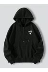 Heart Hırka - Siyah Baskılı Oversize Kapüşonlu