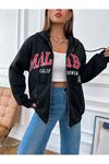 Malibu Hırka - Siyah Baskılı Oversize Kapüşonlu