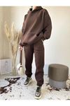 Unisex Kapüşonlu Eşofman Takımı Kahverengi Düz Basic Oversize
