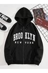 Brooklyn New York Hırka - Siyah Baskılı Oversize Kapüşonlu