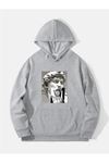 Heykel El Sweatshirt - Gri Baskılı Oversize Kapüşonlu