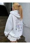 Siylish Casual Hırka - Gri Baskılı Oversize Kapüşonlu
