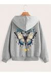 Butterfly Yazı Desen Hırka - Gri Baskılı Oversize Kapüşonlu