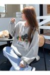 Vegan Fresh Sweatshirt - Gri Baskılı Oversize Kalın Kışlık Bisiklet Yaka