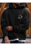 Yıldızlı Satürn Sweatshirt - Siyah Baskılı Oversize Kapüşonlu