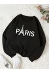 Paris Eyfel Sweatshirt - Siyah Baskılı Oversize Bisiklet Yaka