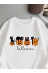 Halloween Kediler Sweatshirt - Beyaz Baskılı Oversize Bisiklet Yaka