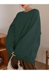 Düz Renk Sweatshirt - Nefti Yeşil Oversize Kalın Kışlık Bisiklet Yaka