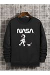 Nasa Uzay Sweatshirt - Siyah Baskılı Oversize Bisiklet Yaka