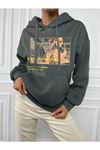 Kadın Füme Slogan Tasarım Baskılı Kapüşonlu Oversize Sweatshirt