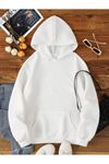 Düz Basic Sweatshirt - Beyaz Oversize Kapüşonlu