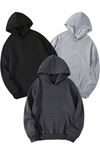 3'Lü Düz Basic Kalın Kışlık Sweatshirt - Siyah Gri Füme Oversize Kapüşonlu