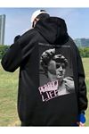 Perfect Life Sweatshirt - Siyah Baskılı Oversize Kapüşonlu