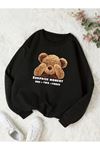 Surprise Bear Sweatshirt - Siyah Baskılı Oversize Kalın Kışlık Bisiklet Yaka