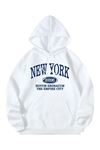 New York Queens Sweatshirt - Beyaz Baskılı Oversize Kapüşonlu