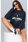 Santa Monica Los Angeles Sweatshirt - Lacivert Baskılı Oversize Bisiklet Yaka