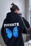 Private Kelebek Sweatshirt - Siyah Baskılı Oversize Kapüşonlu