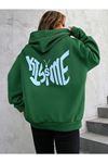 Kadın Yeşil Kiss Me Oversize Kapşonlu Sweatshirt