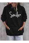 Smile Sweatshirt - Siyah Baskılı Oversize Kapüşonlu