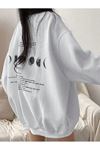 Moon Phases Afraid Kışlık Kalın Sweatshirt - Beyaz Baskılı Oversize Kalın Kışlık Bisiklet Yaka