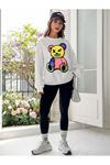 Renkli Ayı Sweatshirt - Beyaz Baskılı Oversize Bisiklet Yaka
