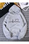 Kalp Ritimli Sweatshirt - Gri Baskılı Oversize Kalın Kışlık Kapüşonlu