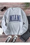 Miami Florida Sweatshirt - Gri Baskılı Oversize Bisiklet Yaka