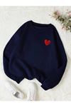 Kırmızı Minimal Kalp Sweatshirt - Lacivert Baskılı Oversize Kalın Kışlık Bisiklet Yaka