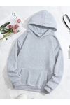 Papatya Good Day Sweatshirt - Gri Baskılı Oversize Kalın Kışlık Kapüşonlu