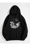 Mushroom Night Sweatshirt - Siyah Baskılı Oversize Kapüşonlu