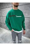Paris Çizgili Sweatshirt - Yeşil Baskılı Oversize Bisiklet Yaka