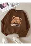 Surprise Bear Sweatshirt - Kahverengi Baskılı Oversize Kalın Kışlık Bisiklet Yaka