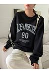 Los Angeles 90 Sweatshirt - Siyah Baskılı Oversize Bisiklet Yaka