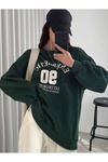 90 Energetic Sweatshirt - Yeşil Baskılı Oversize Kalın Kışlık Bisiklet Yaka