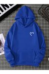 Yarım Kalp Sweatshirt - Saks Mavi Baskılı Oversize Kapüşonlu