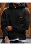 Alien Logo Sweatshirt - Siyah Baskılı Oversize Kapüşonlu