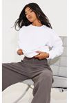 Düz Basic Sweatshirt - Beyaz Uzun Kol Oversize Bisiklet Yaka