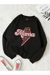 Mama Leopar Desen Sweatshirt - Siyah Baskılı Oversize Bisiklet Yaka