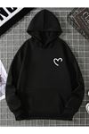 Yarım Kalp Sweatshirt - Siyah Baskılı Oversize Kapüşonlu