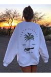 Santa Barbara Kışlık Kalın Sweatshirt - Beyaz Baskılı Oversize Kalın Kışlık Bisiklet Yaka