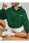 Los Angeles Minimal Sweatshirt - Yeşil Baskılı Oversize Kapüşonlu