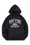 New York Queens Sweatshirt - Siyah Baskılı Oversize Kapüşonlu