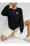Cep Tasarım Papatya Desen Sweatshirt - Siyah Baskılı Oversize Kalın Kışlık Bisiklet Yaka