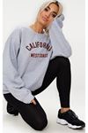California West Coast Letter Sweatshirt - Gri Baskılı Oversize Bisiklet Yaka