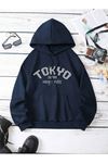 Tokyo Fuji Sweatshirt - Lacivert Baskılı Oversize Kapüşonlu