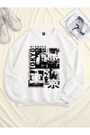 Tokyo 1986 Sweatshirt - Beyaz Baskılı Oversize Bisiklet Yaka