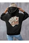Miracles Card Sweatshirt - Siyah Baskılı Oversize Kapüşonlu